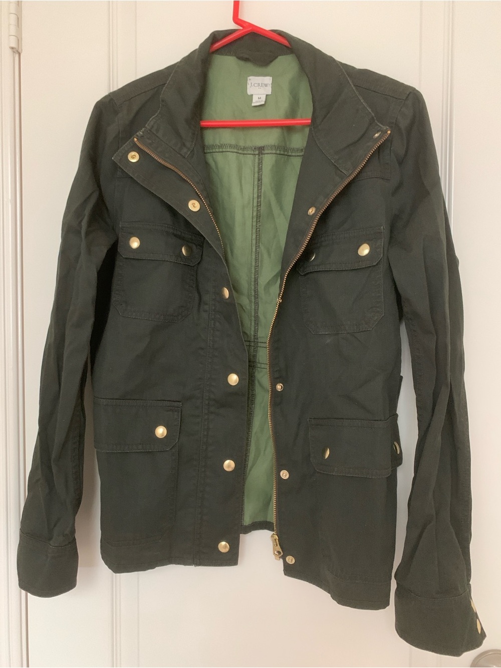 J.Crew Olive Utility Jacket Military Field Coat Gold Snap Cotton Size Medium M - Picture 4 of 13